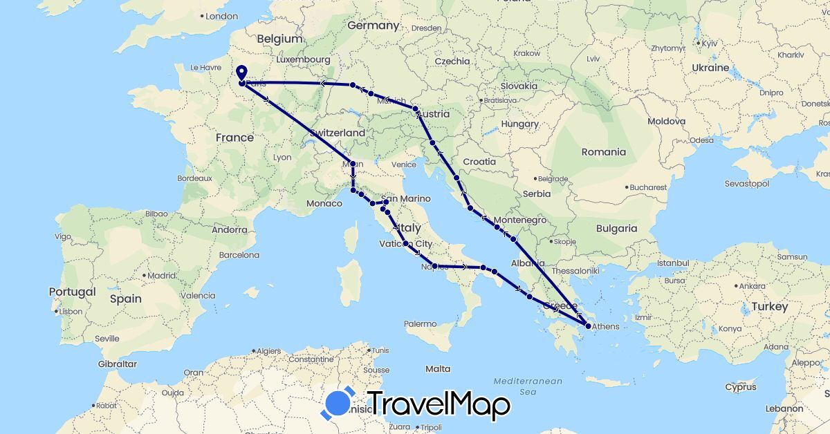 TravelMap itinerary: driving in Austria, Germany, France, Greece, Croatia, Italy, Montenegro, Slovenia, Vatican City (Europe)
